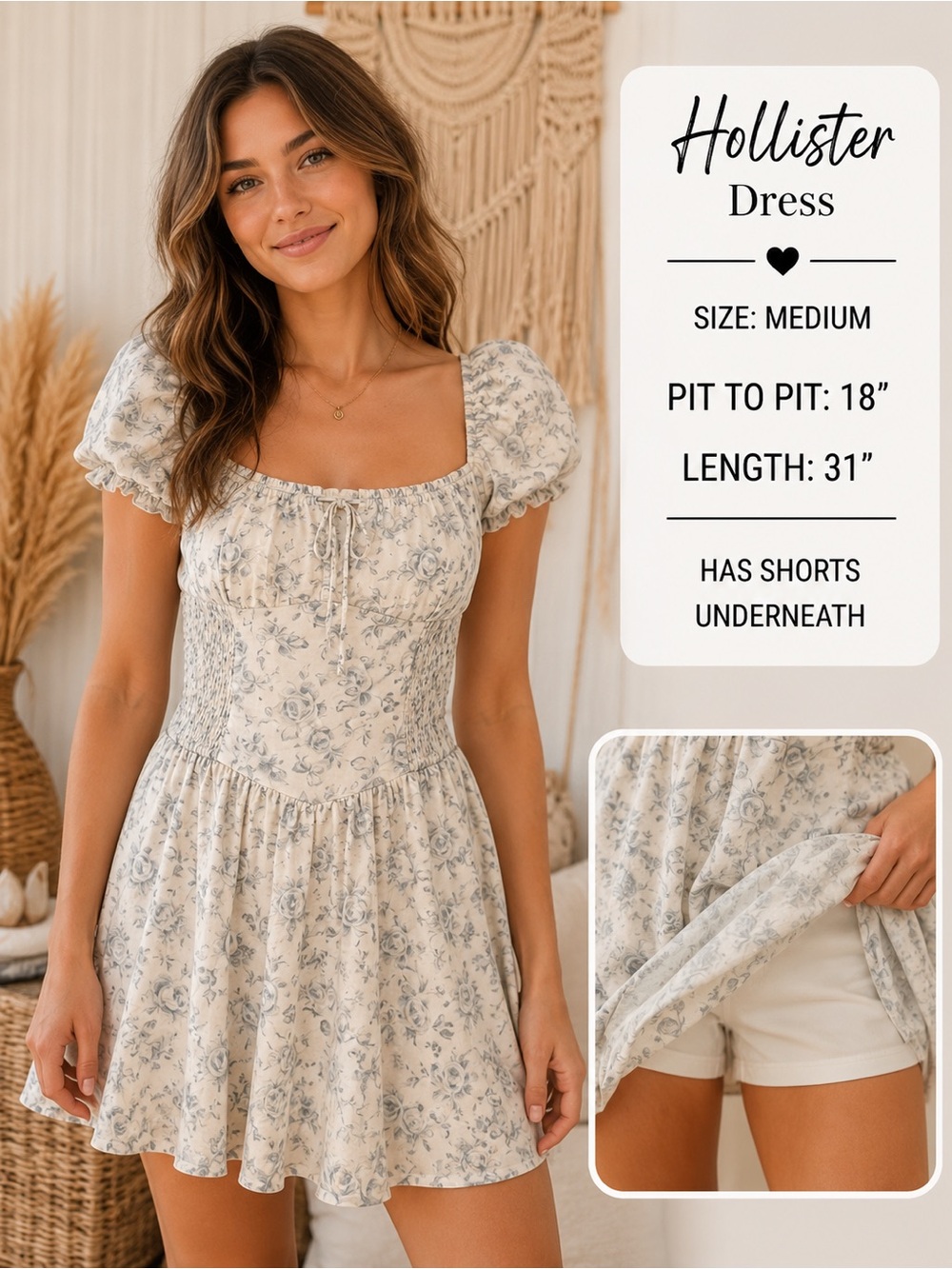 Hollister Cream and Blue Floral Square-Neck Mini Dress